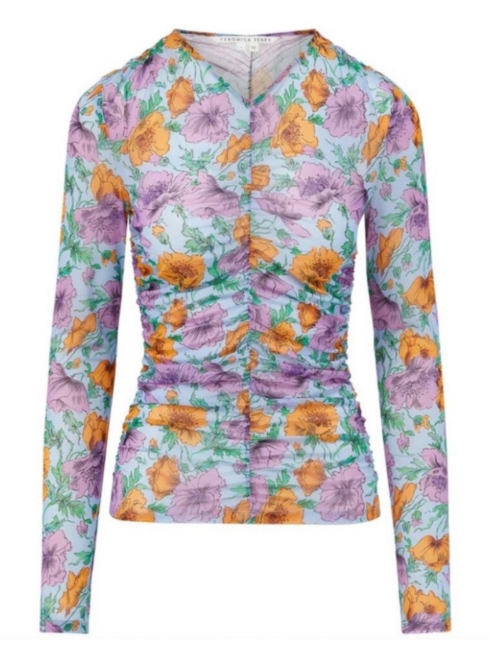 Veronica Beard Myrna Ruched Floral-Print Tulle Top - Size 8